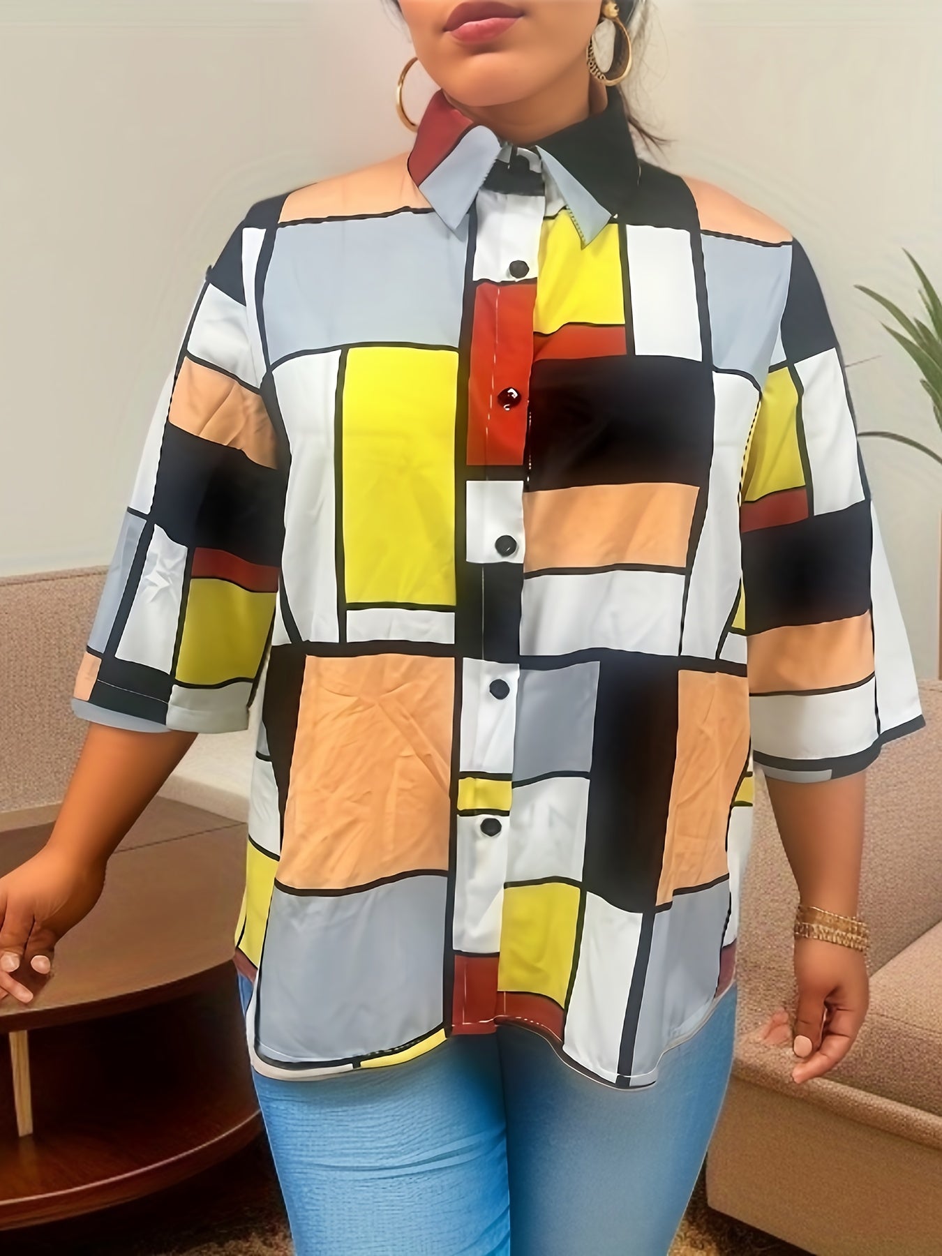  Geo Print 3/4 Sleeve Button Up Shirt