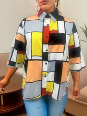  Geo Print 3/4 Sleeve Button Up Shirt