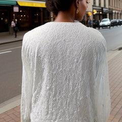  Solid Lace Lantern Sleeve V Neck Top
