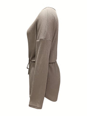Casual Waffle Two piece Set Long Sleeve T shirt & Drawstring Shorts