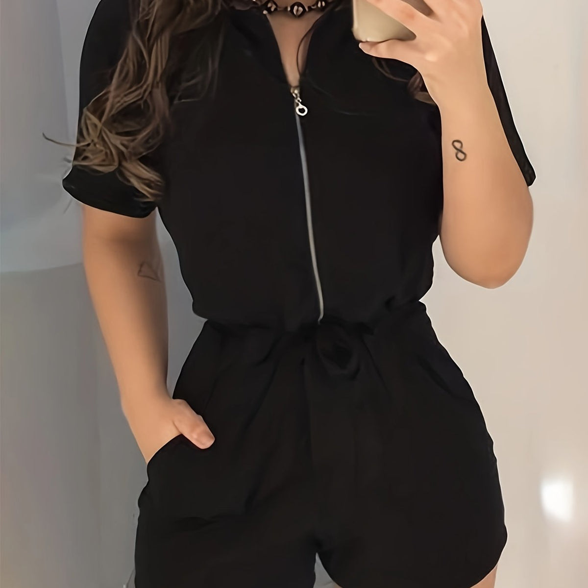  Casual Romper Women's Solid Short Sleeve Romper with Waist Knot
