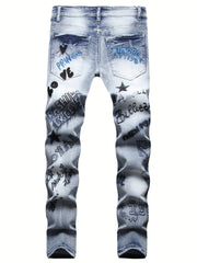 Men's Slim Fit Embroidery Denim Jeans Casual Streetwear Trousers
