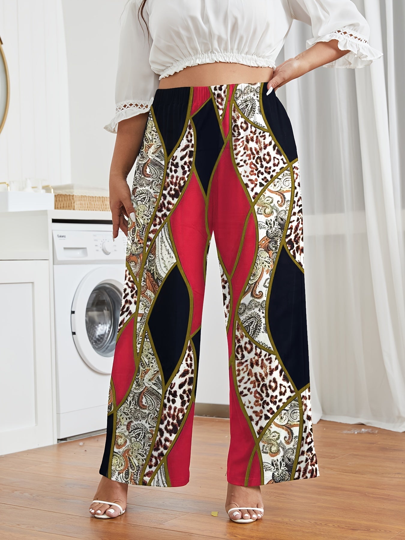  Graphic Print High Rise Wide Leg Pants Women's Plus