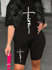 Faith Letter Print Two Piece Set Crew Neck Tee & Slim Shorts