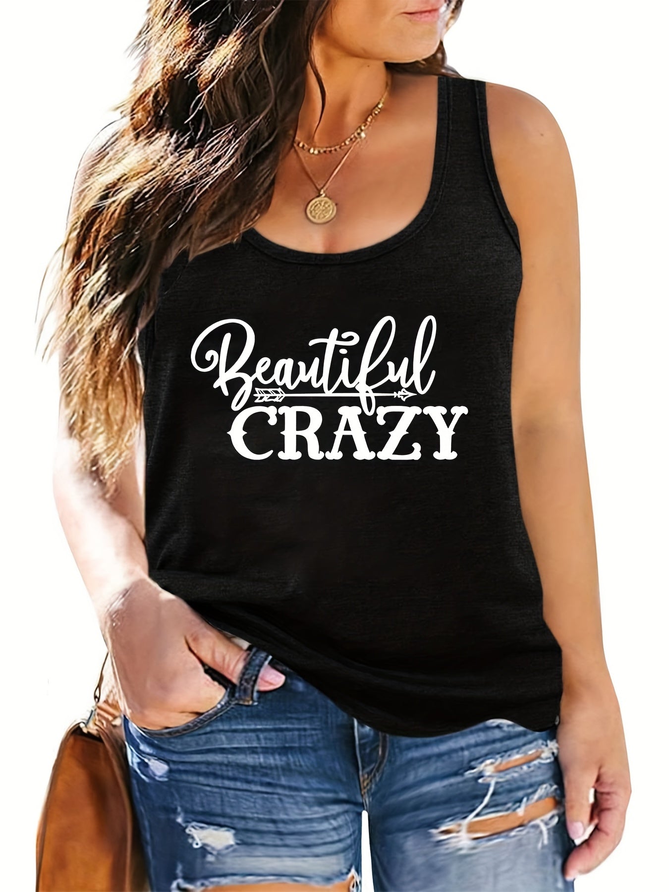  Slogan Print Tank Top Round Neck Medium Stretch