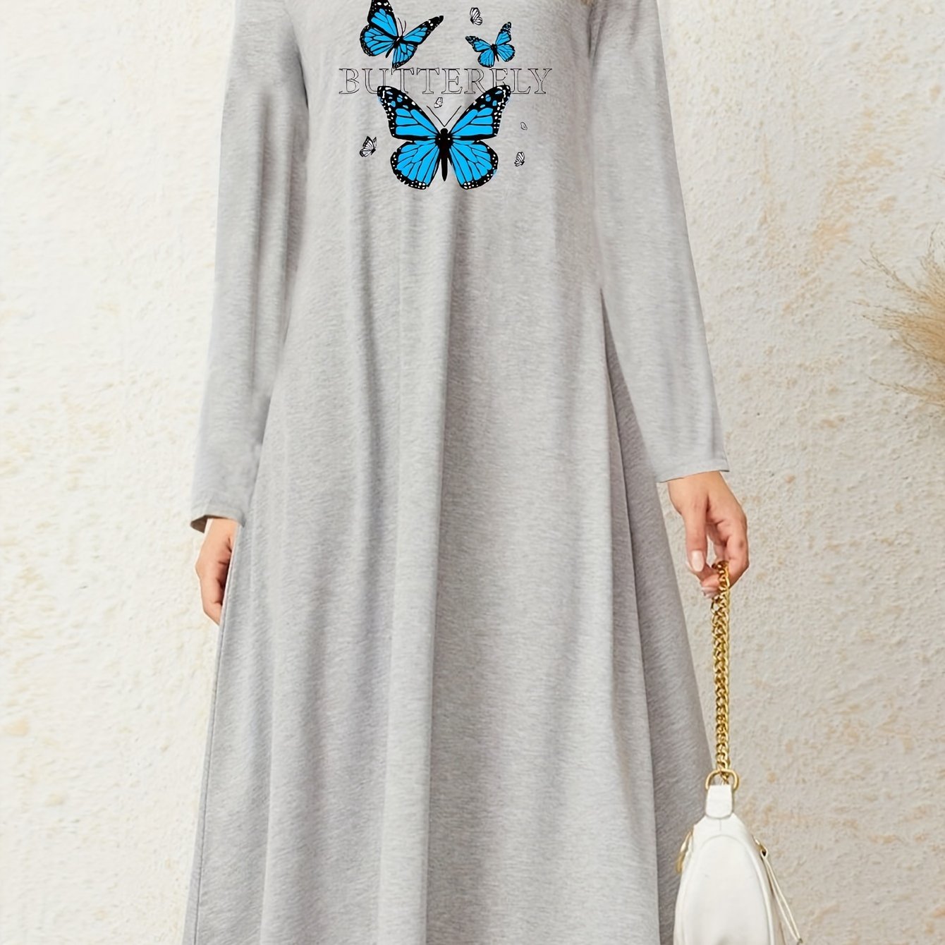  Butterfly & Letter Print Long Sleeve Nightdress