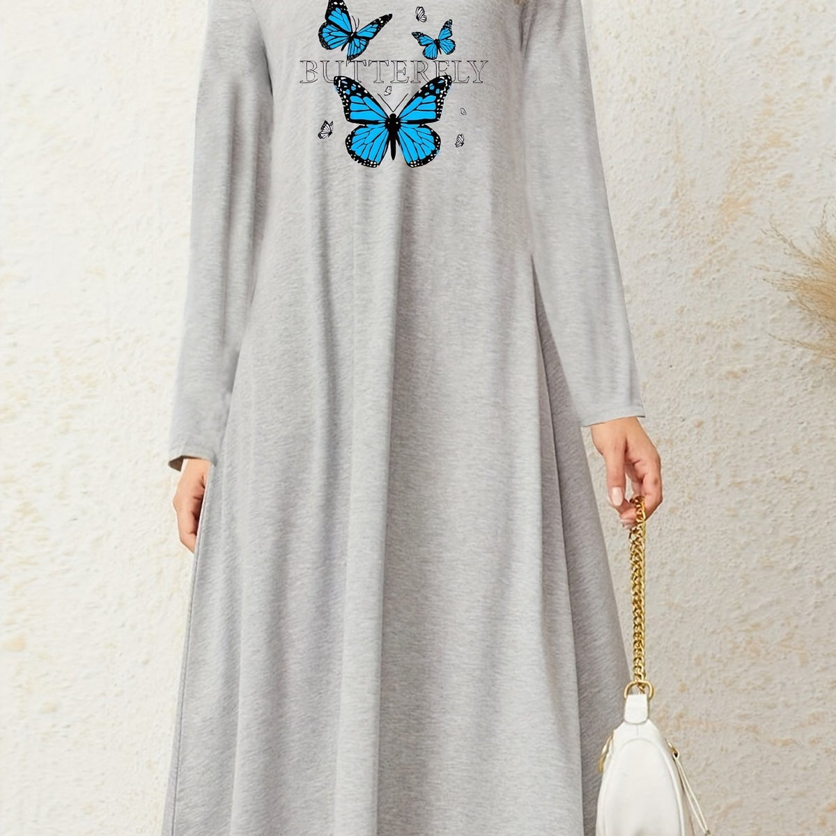  Butterfly & Letter Print Long Sleeve Nightdress
