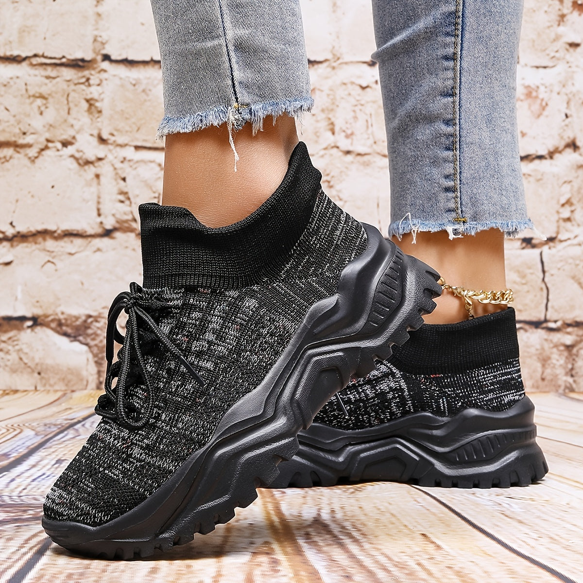 Breathable Knit Women's Running Shoes Lace up Non Slip Casual Sneakers