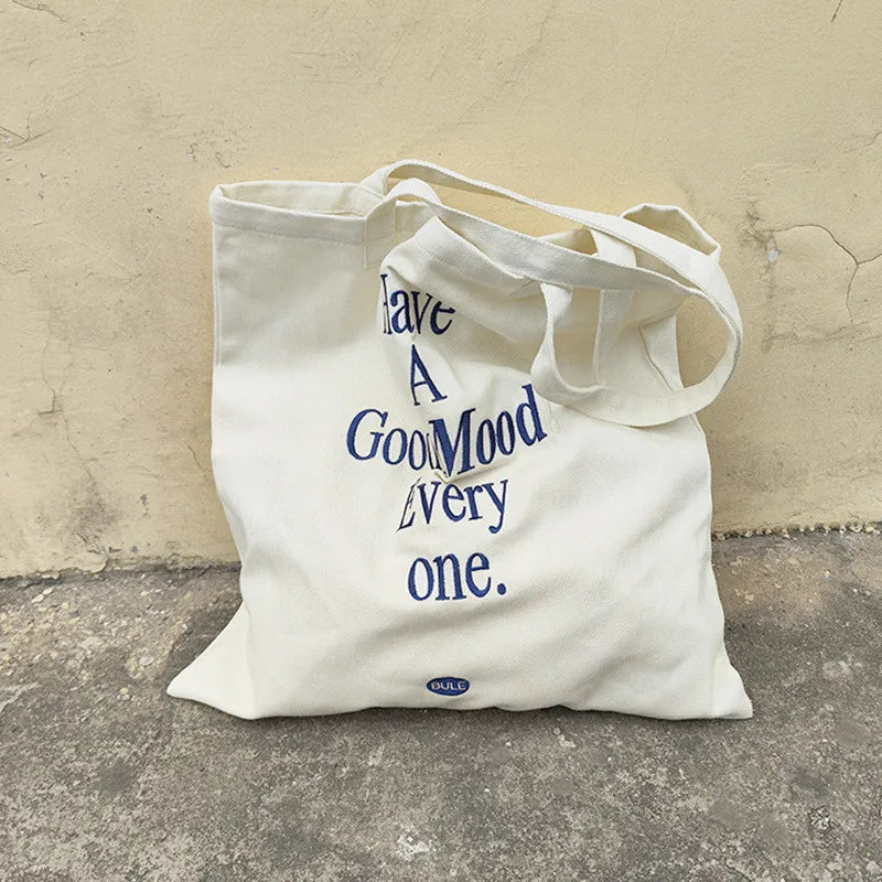 Embroidered Letter Shoulder Bag Canvas Tote Handbag