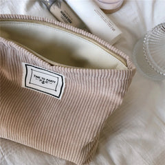 Soft Corduroy Makeup Bag Solid Cosmetic Travel Organizer