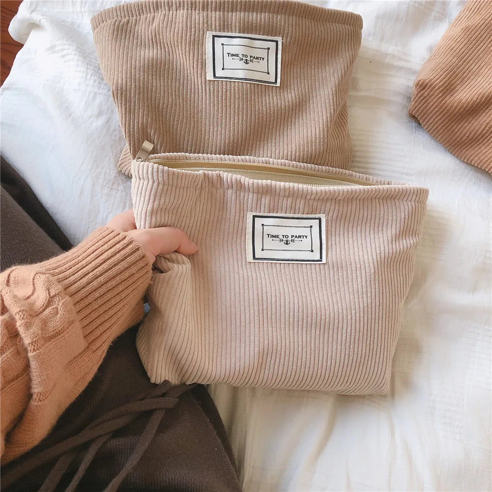 Soft Corduroy Makeup Bag Solid Cosmetic Travel Organizer