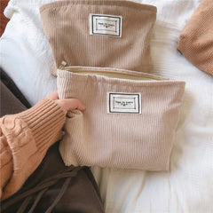 Soft Corduroy Makeup Bag Solid Cosmetic Travel Organizer