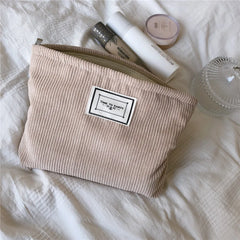Soft Corduroy Makeup Bag Solid Cosmetic Travel Organizer
