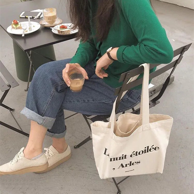 Women Letter Print Tote Bag Canvas Shoulder Bag Casual Small Tote Bag