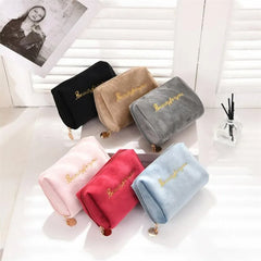 Women Velvet Make Up Bag Travel Cosmetic Pouch Zipper Large Solid Female