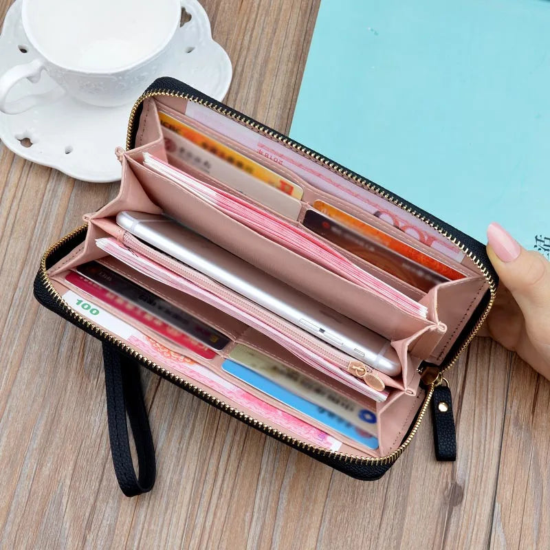 Women Long Wallet Zip Around PU Leather Purse Lanyard Wallet