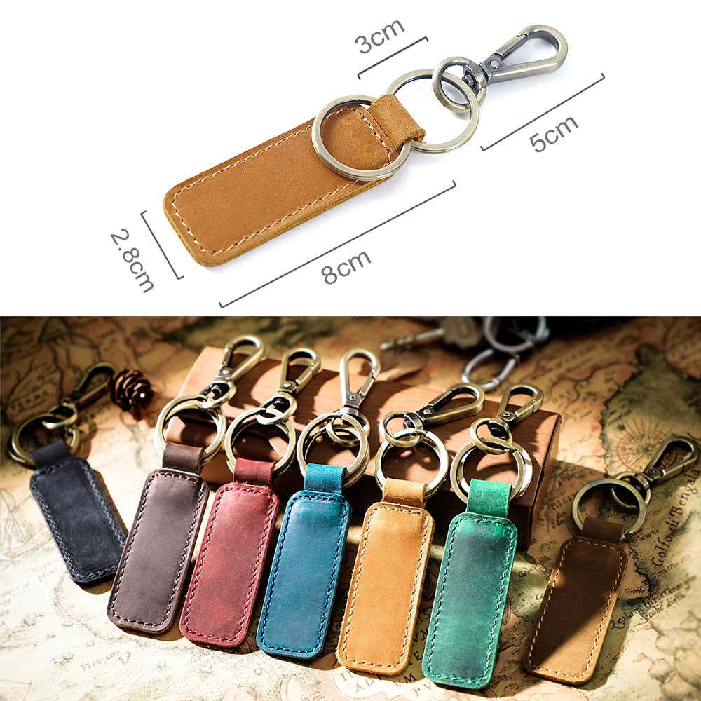 100% Leather Car Key Holder Crazy Horse Cowhide Vintage Key Chain Hook Ring