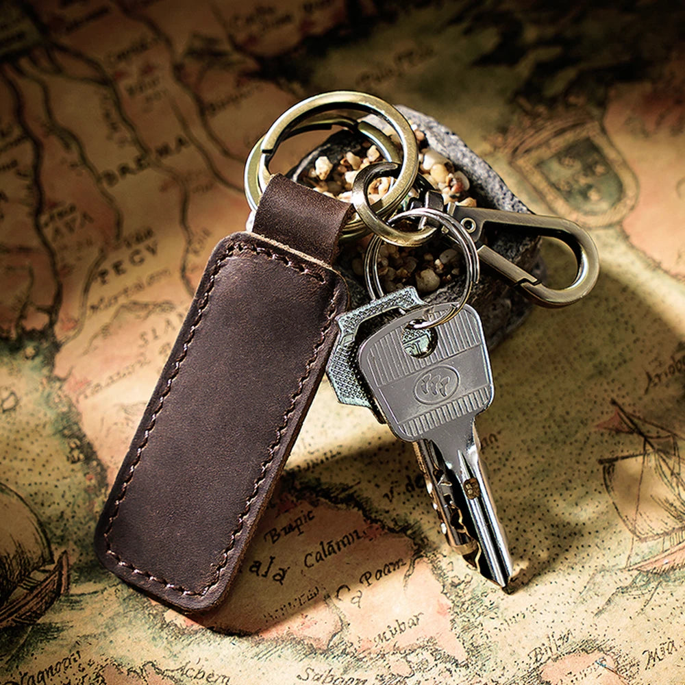 100% Leather Car Key Holder Crazy Horse Cowhide Vintage Key Chain Hook Ring