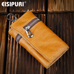 Leather Zipper Key Wallets Men Women Head Layer Cowhide Key Holder