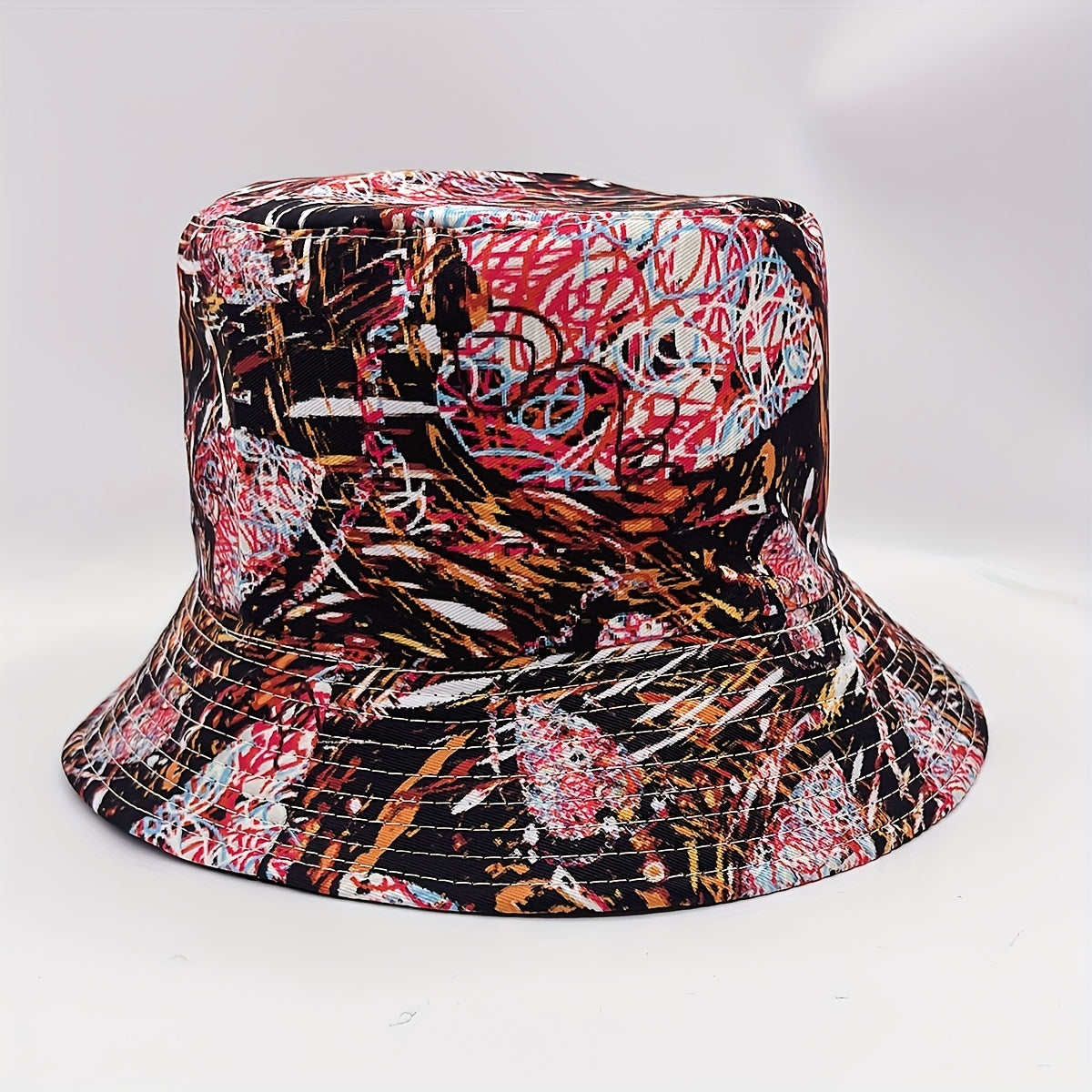 Graffiti Striped Print Bucket Hat Vintage Reversible Fisherman Cap Red Brown Sun