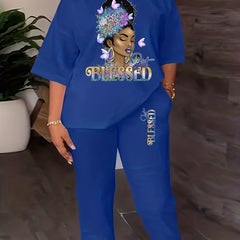 Blessed Print Casual Two piece Set Crew Neck Tops & Long Length Jogger Pants