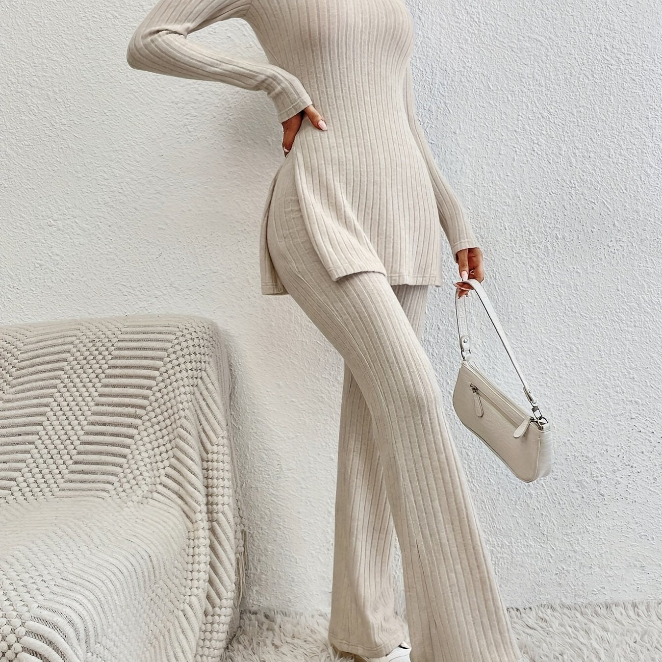 Ribbed Lounge Set Long Sleeve Top & Pants Women's Loungewear