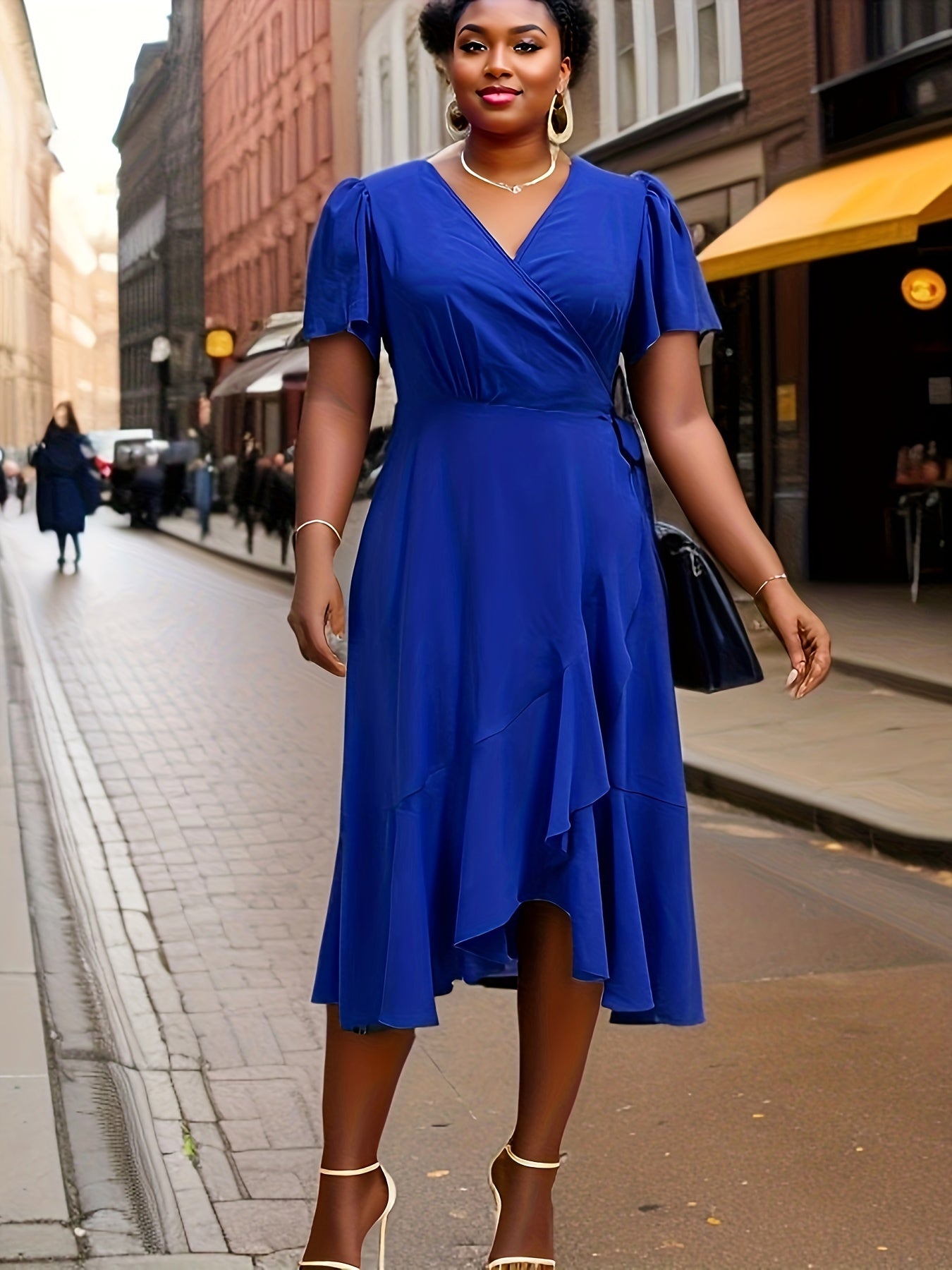  Solid Ruffle Sleeve Wrap Dress
