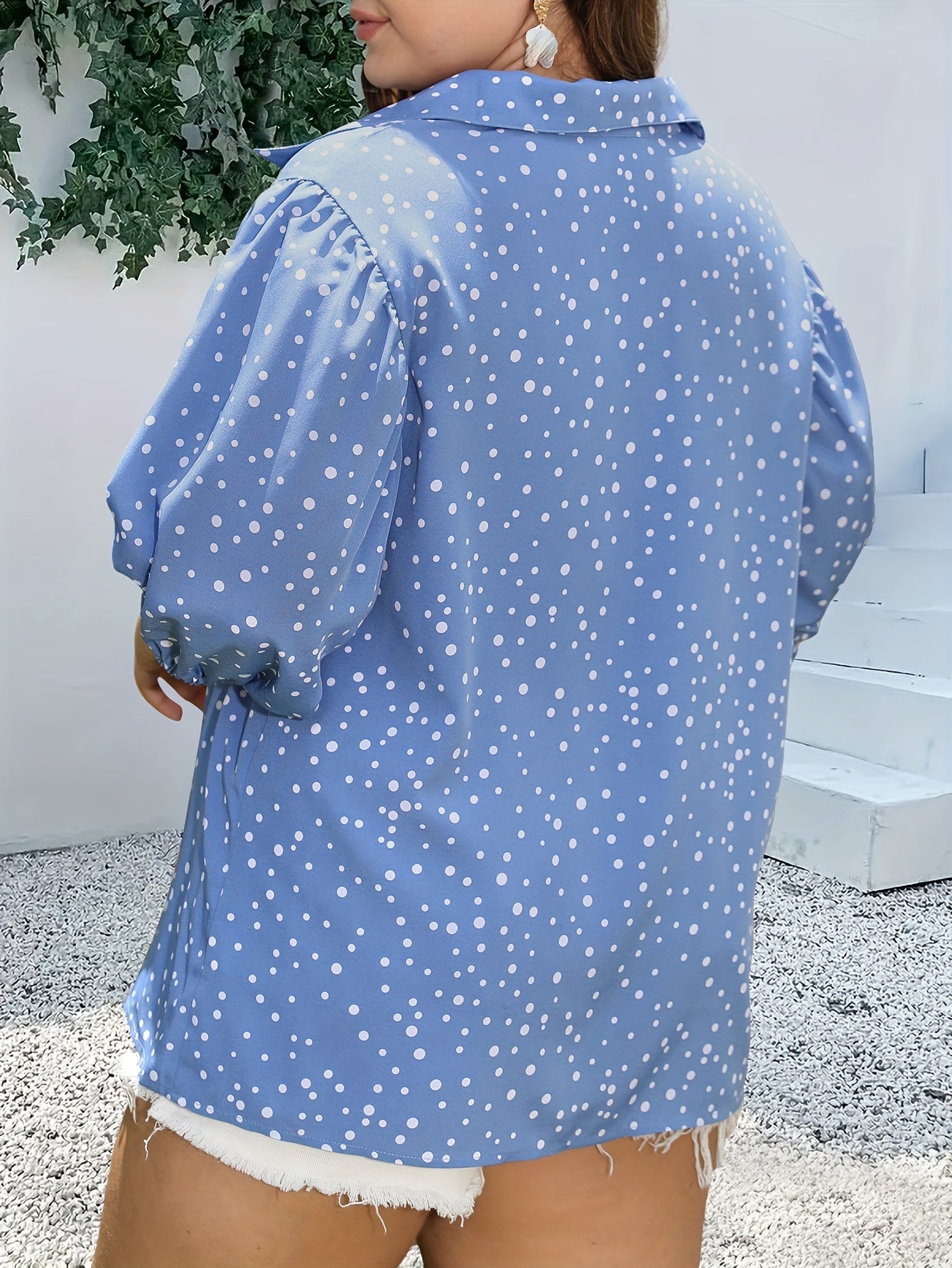  Dot Print Button Up Lantern Sleeve Blouse