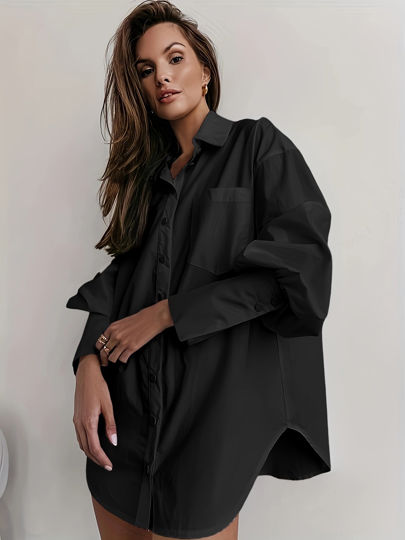  Lantern Sleeve Button Up Collar Tunic Shirt Top