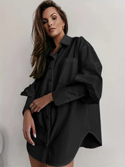 Lantern Sleeve Button Up Collar Tunic Shirt Top