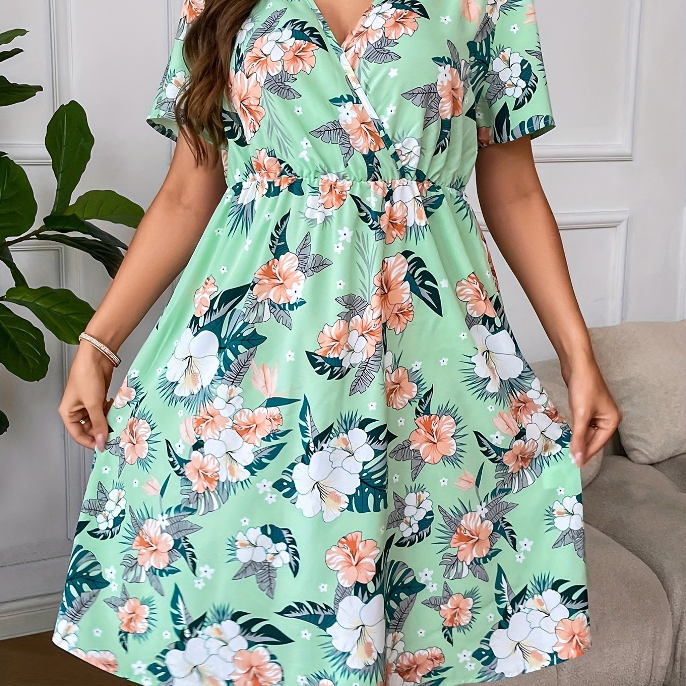  Women's Floral Print Short Sleeve Midi Dress