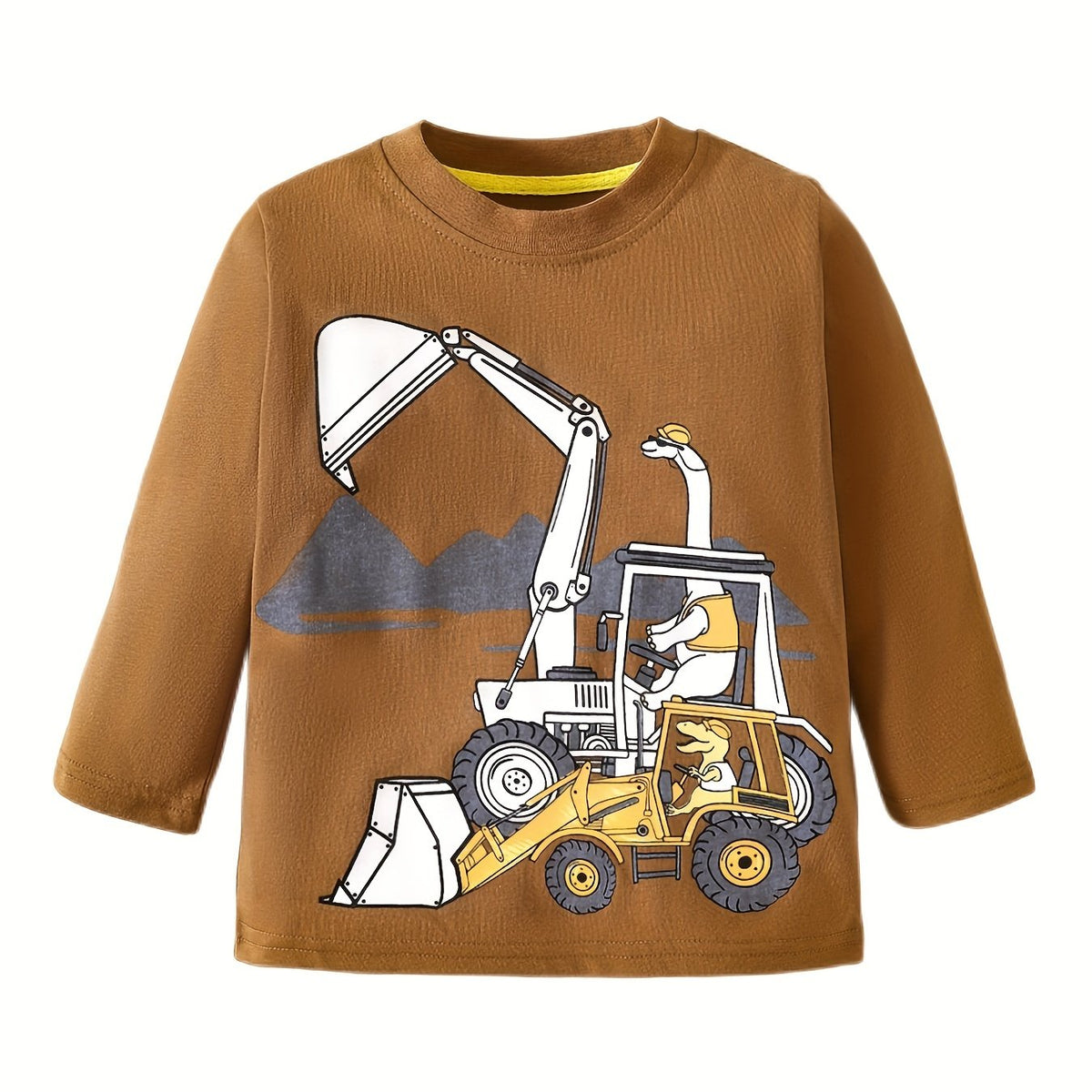 Dino & Excavator Print Boys Sweatshirt Long Sleeve Crew Neck Tops
