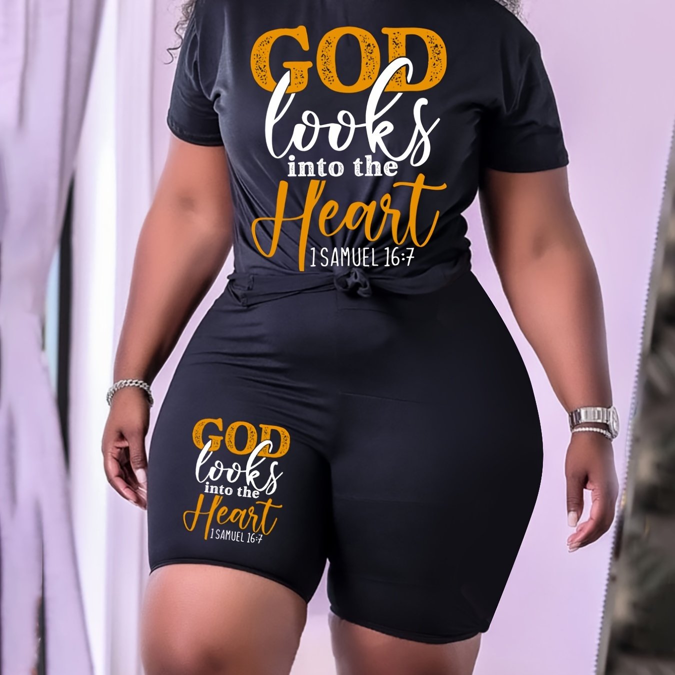  Art Letter Print Tee & Shorts Set
