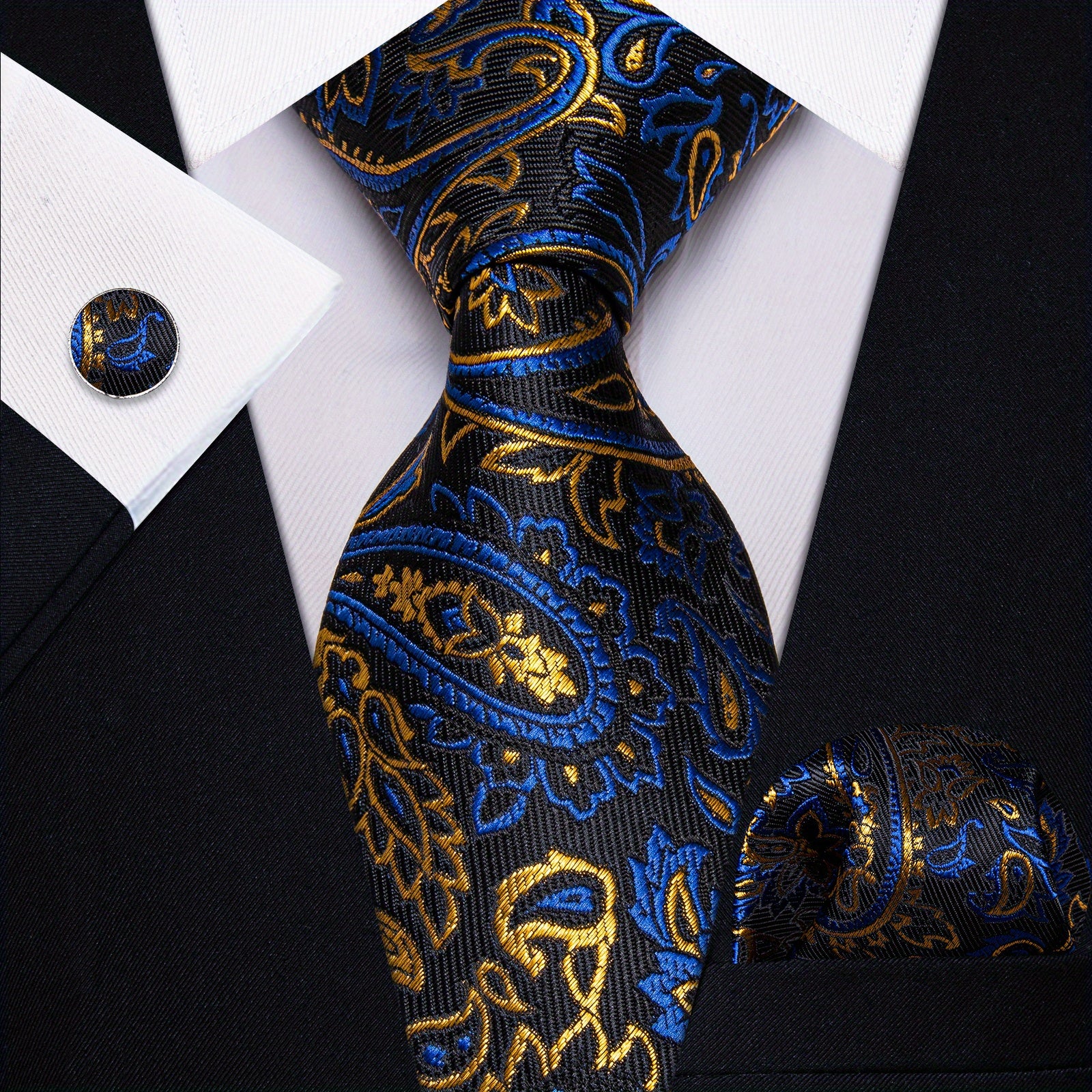 3pcs Men's Jacquard Necktie & Handkerchief & Cufflinks Set