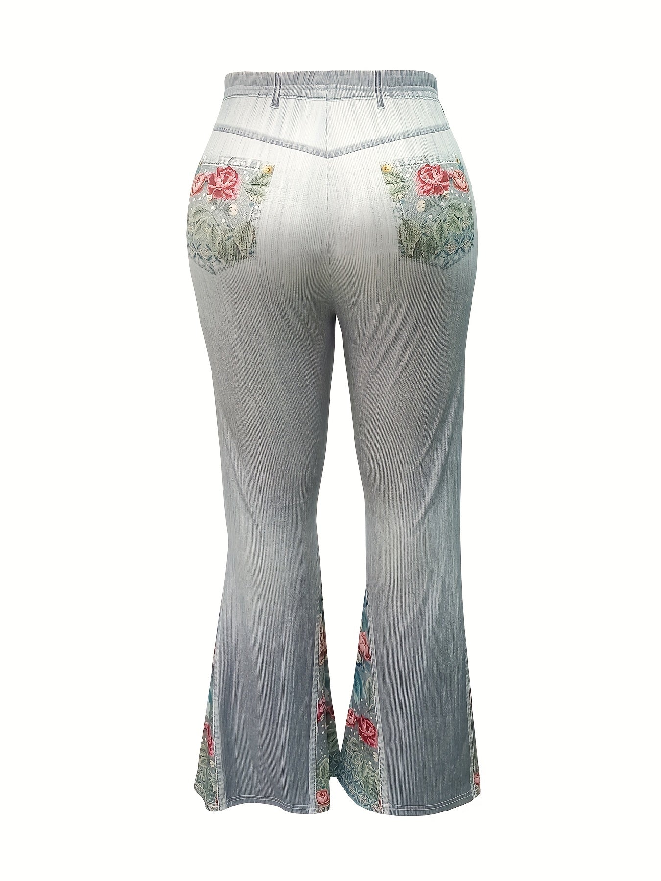  Denim Print Floral Panel Flare Pants