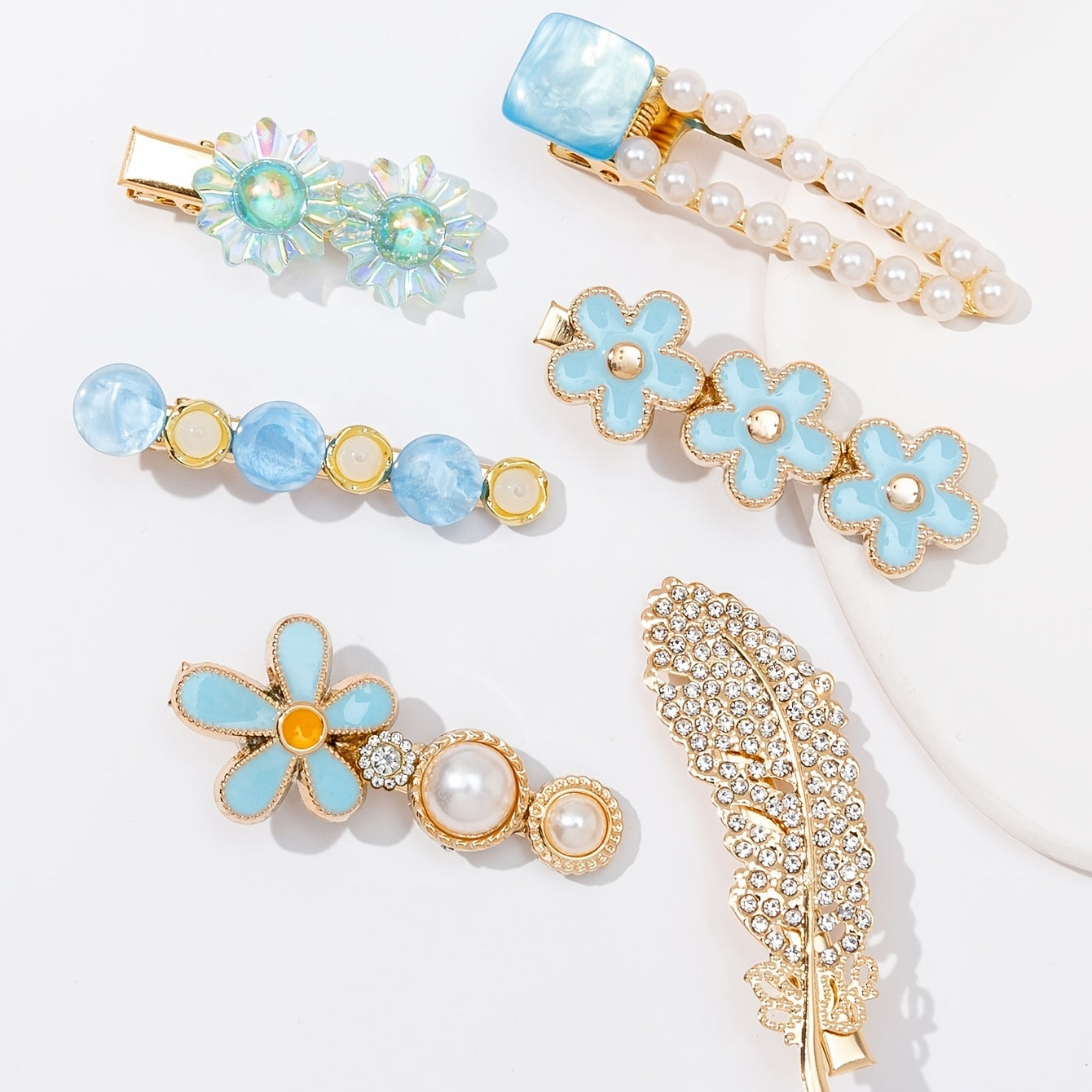 6pcs Feather Flower Rhinestone Hair Clip Vacation Hair Accessories