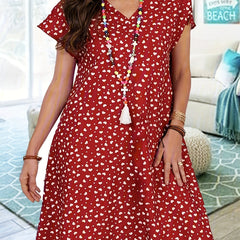  Heart Print V Neck Ruffled Dress