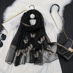 Butterfly Embroidery Scarf Thin Shawl Women Solid Sunscreen Headwrap