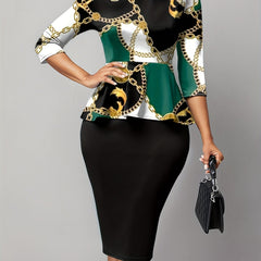  Baroque Print Peplum Top & Midi Skirt Set