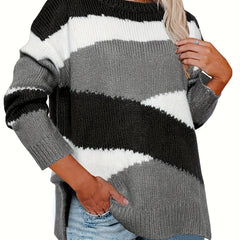 Colorblock Long Sleeve Round Neck Sweater