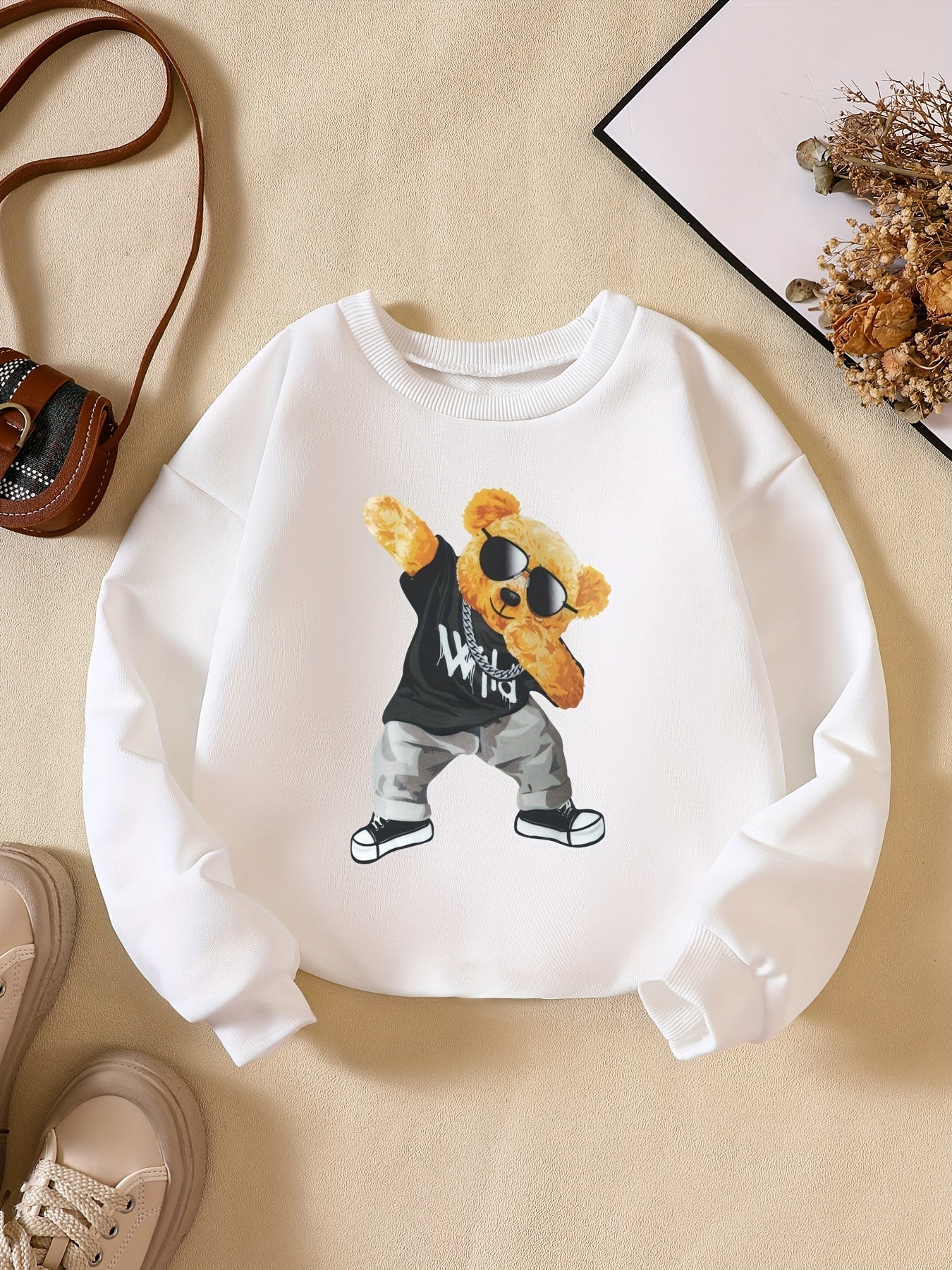 Girls' Hip Hop Bear Print Crew Neck Sweatshirt Long Sleeve Pullovers