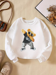 Girls' Hip Hop Bear Print Crew Neck Sweatshirt Long Sleeve Pullovers