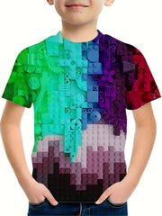 Boys' Gradient Blocks T Shirt Casual & Stretchy Tee For Summer Activities