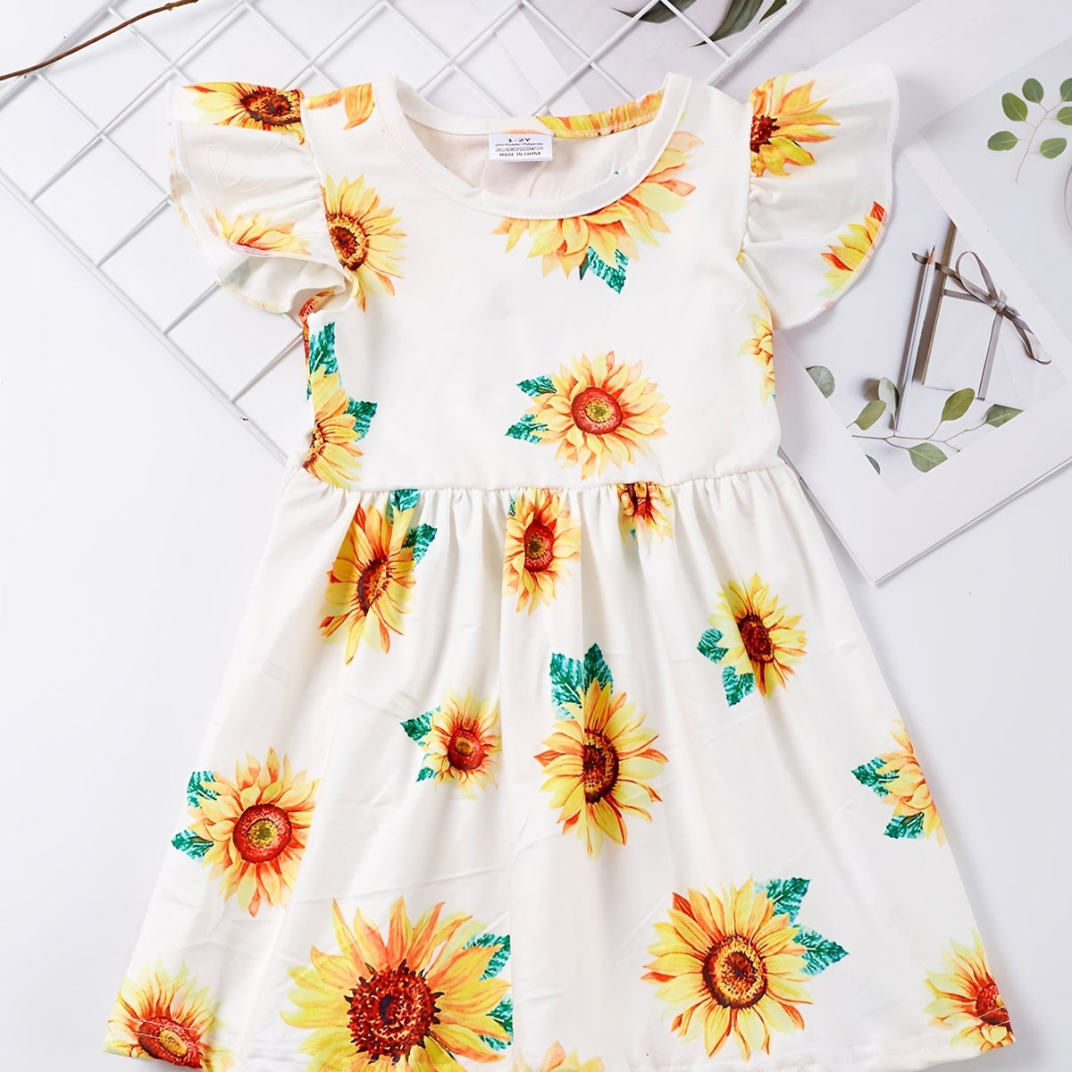 Girls Sunflower Graphic Dress Ruffled Sleeves for Party