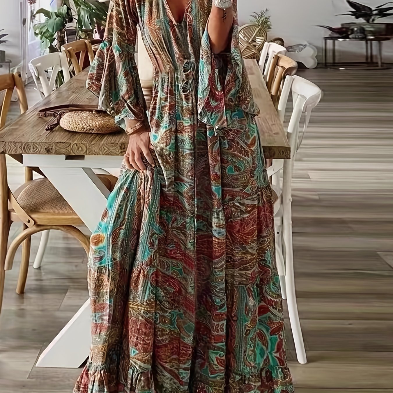  Boho Dress Women's Plus Leaf & Paisley Irregular Sleeve V Neck Dress