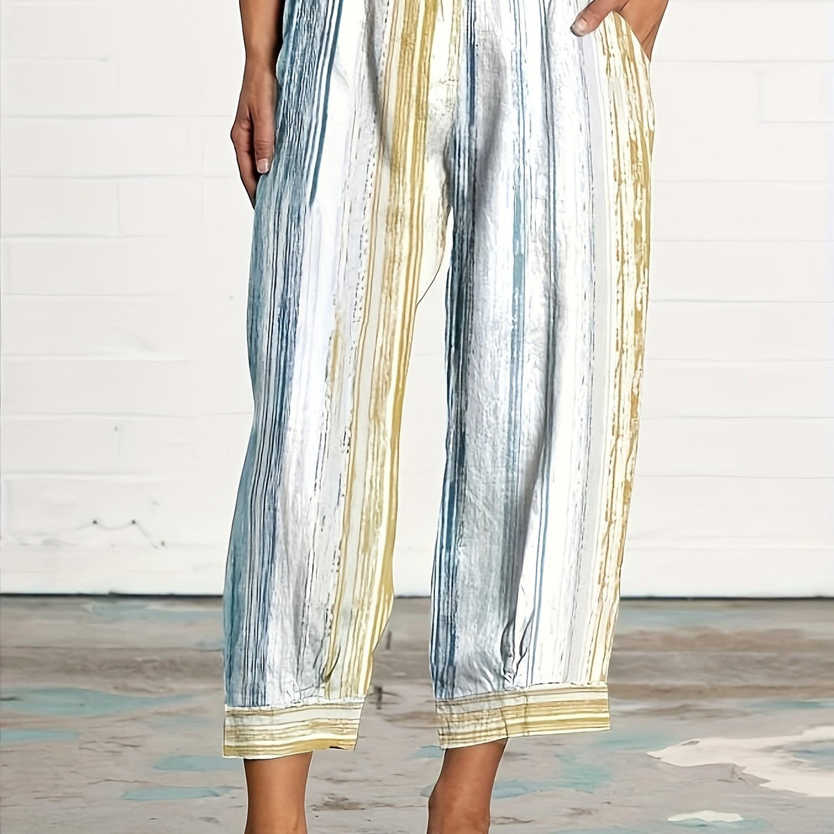  Striped High Rise Wide Leg Crop Pants With Pockets