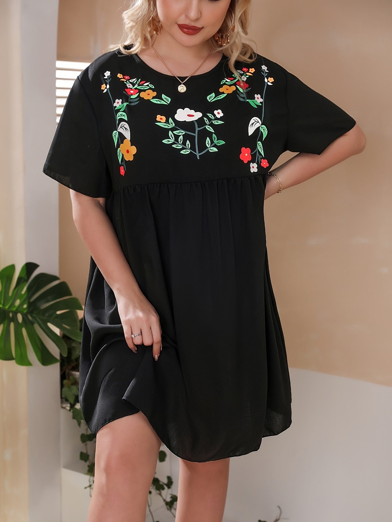  Casual Dress Women's Plus Floral Print Short Sleeve Loose Fit Dress