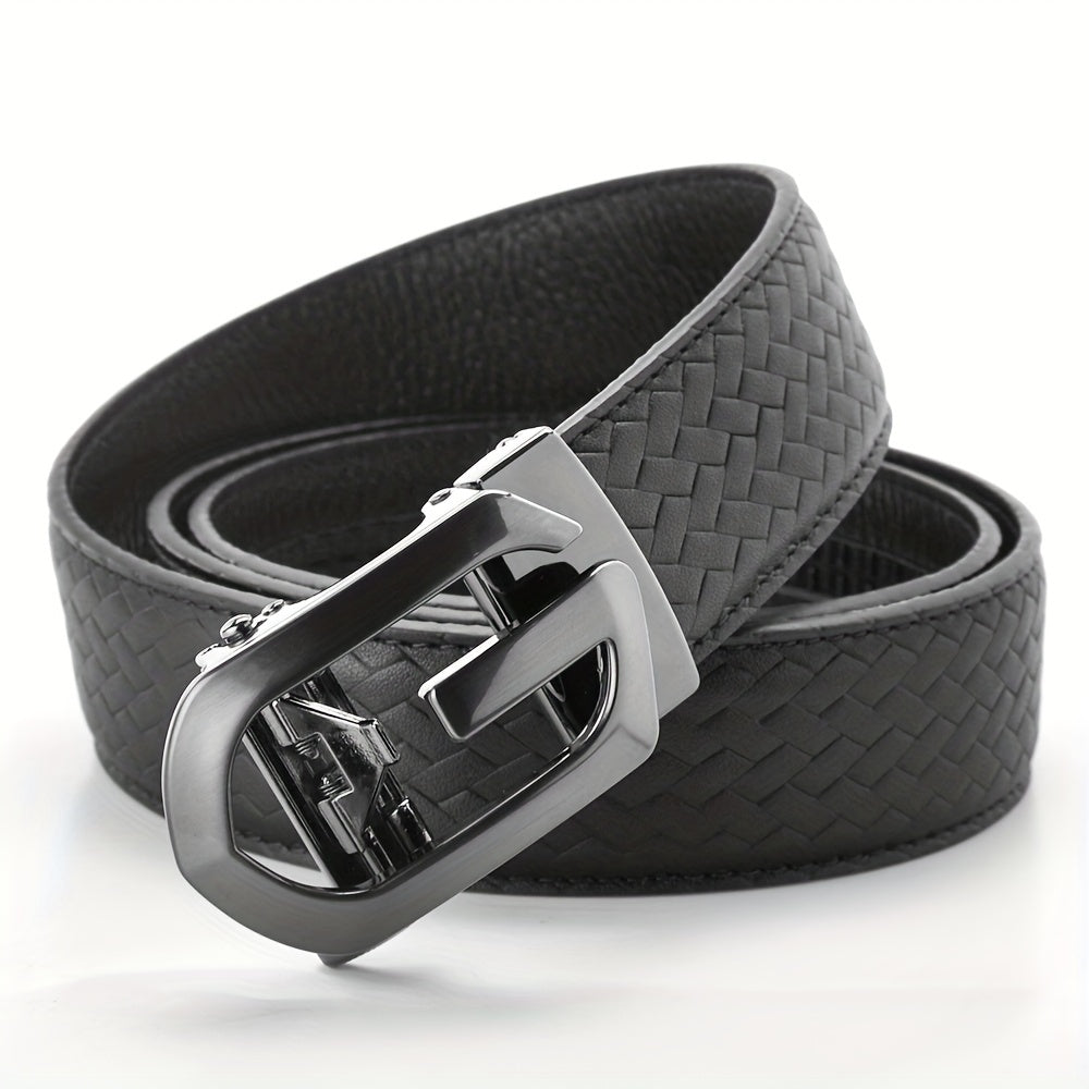 Men's Leather Belt Automatic Buckle Hollow Out Weaving Leather Micro Adjustable