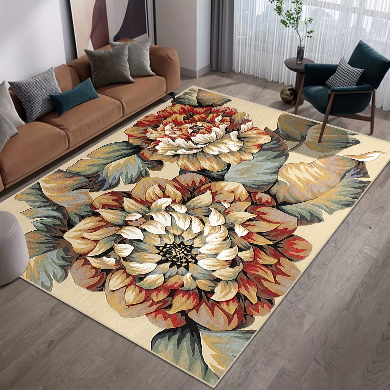 Vintage Floral Living Room Carpet Loop Velvet Non-slip Stain Resistant Rug