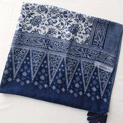 Navy Floral Print Scarf Tassel Shawl Boho Windproof Head Wrap Sunscreen